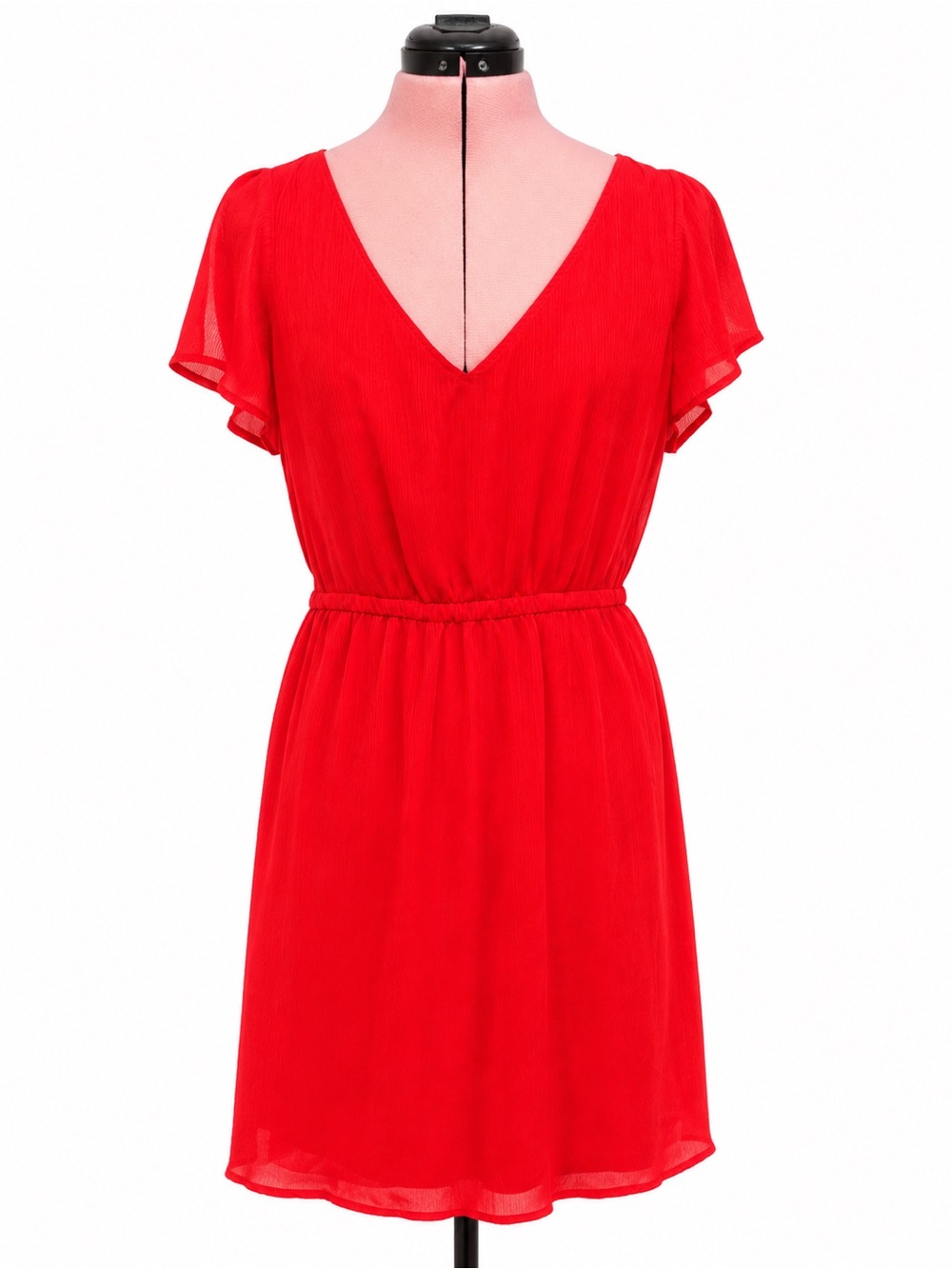 Express Red V-Neck Mini Dress with Flutter Sleeves